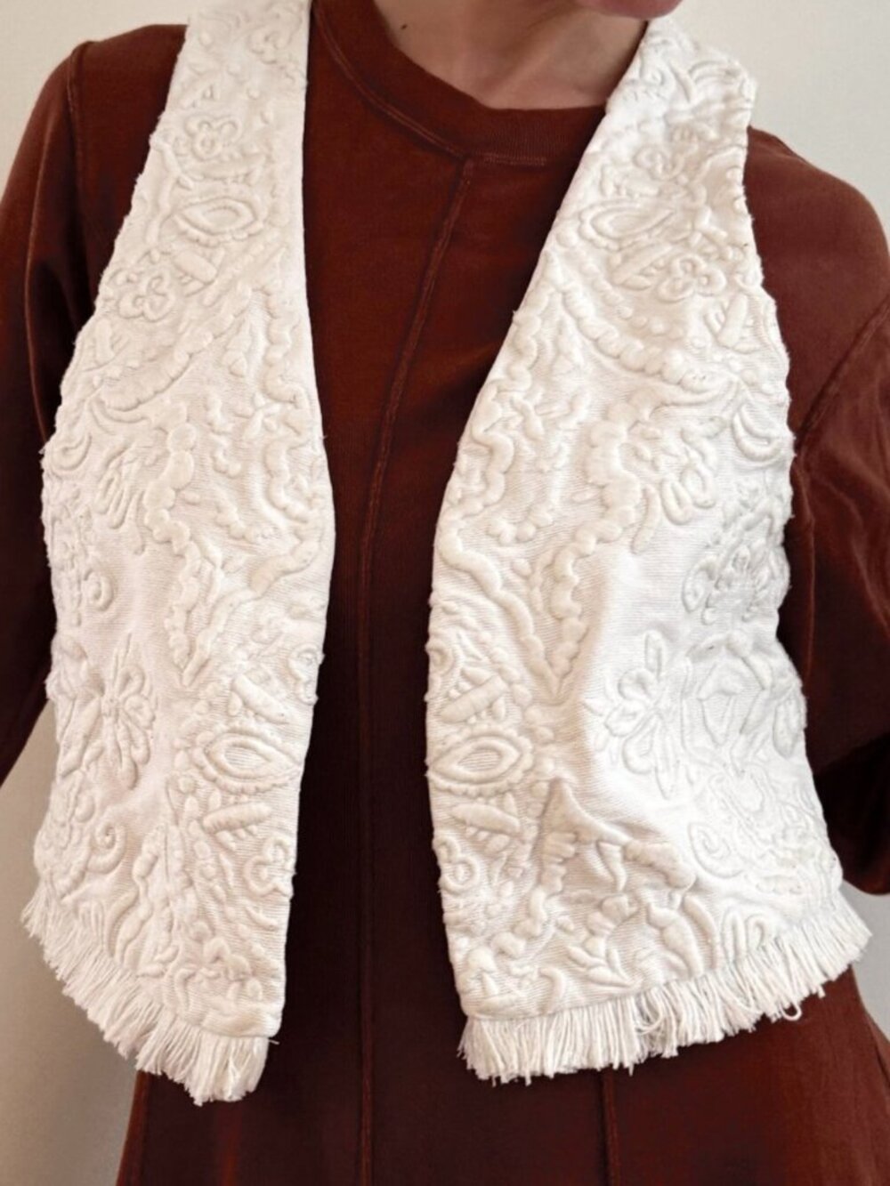 Vintage Embroidered Cotton Canvas Crop White Mini Vest Western Boho Fringe